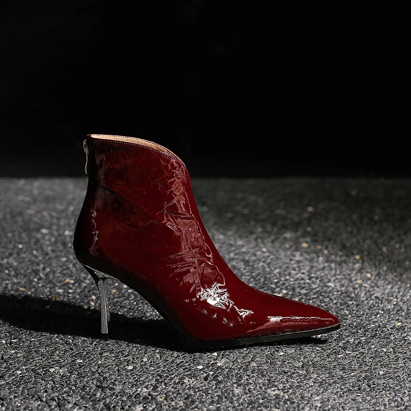 迈露迪秋法式高跟细跟后拉链尖头冬短靴粗跟明星同款网红鞋子805