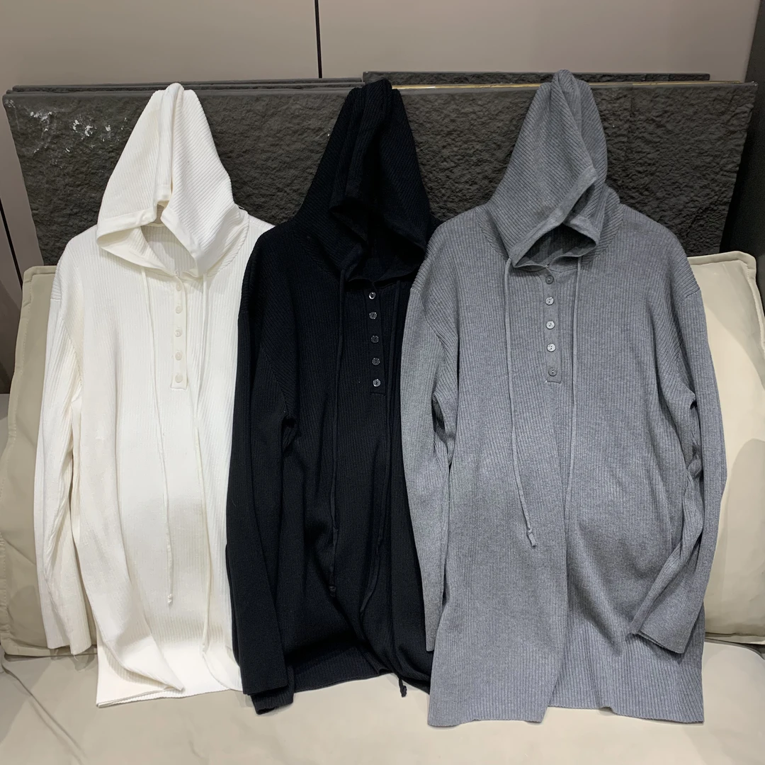 （老三）韩版长袖连帽中长款V领套头针织衫休闲打底纯色宽松上衣米