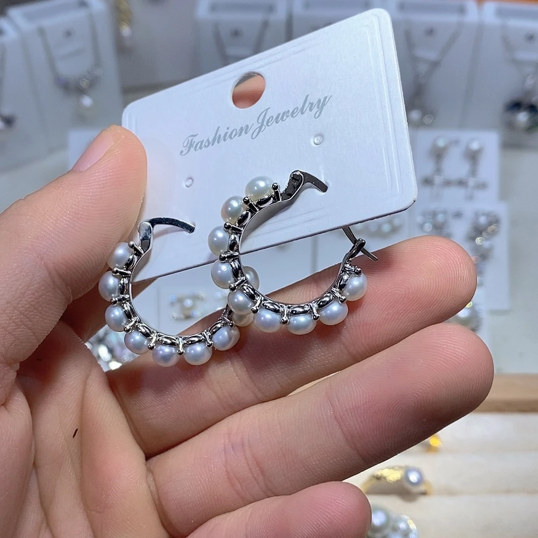 银S925镶嵌淡水珍珠耳饰