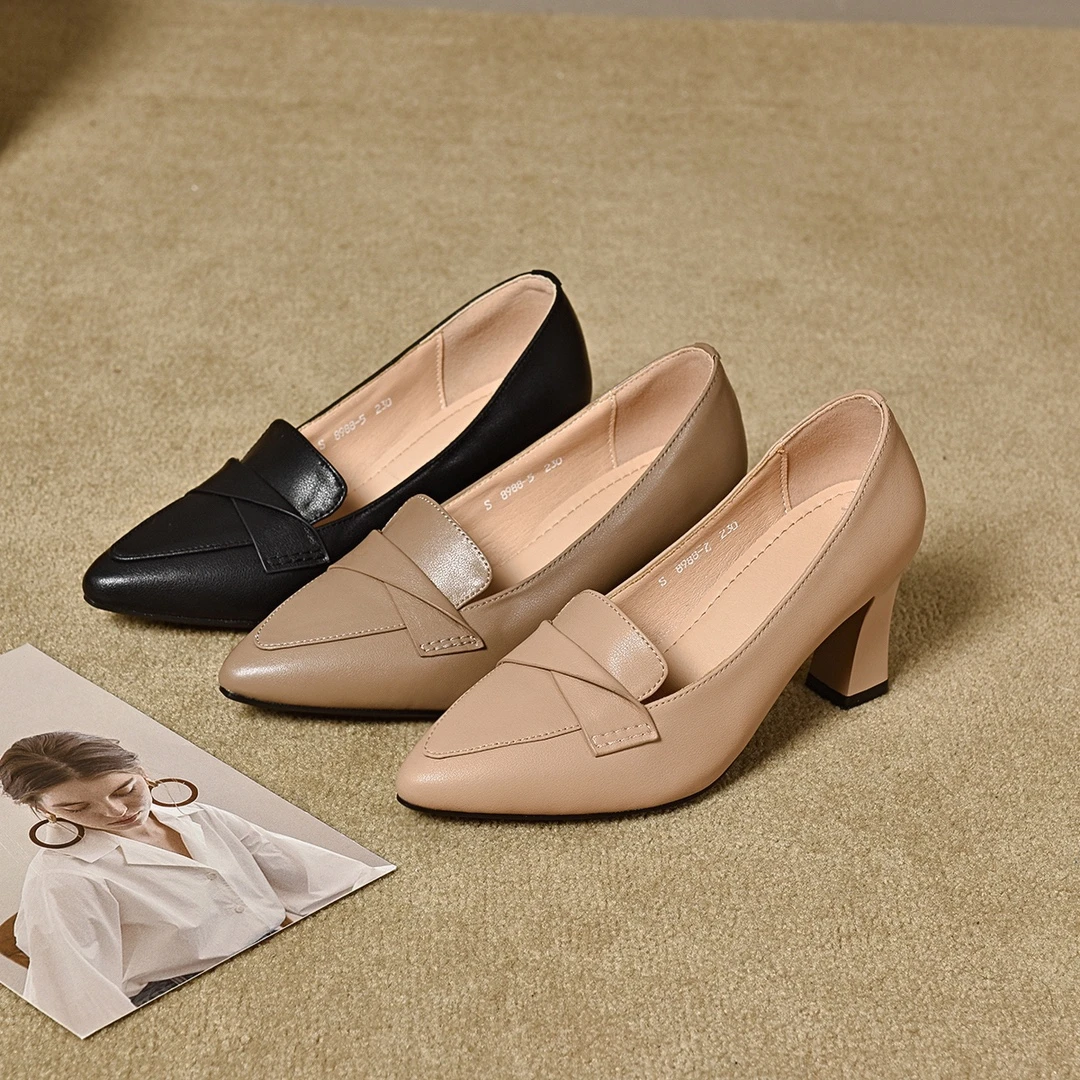 秋季上新5公分浅口单鞋尖头细跟鞋真皮高跟鞋气质职场中跟工作鞋