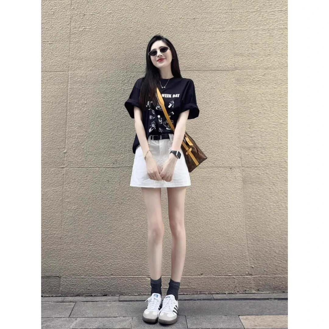 印花短袖搭配牛仔短裤休闲套装女巨好看的夏装一整套学院风两件套