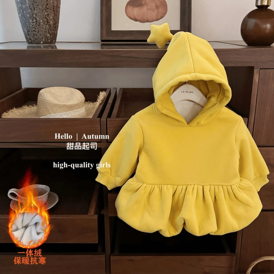 女孩冬季星星人连帽卫衣时髦加绒加厚上衣宝宝花苞衣摆百搭套头款