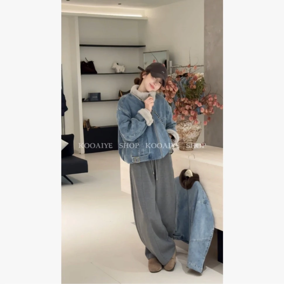 【中古牛仔】时尚简约拼接牛仔棉衣女士2025秋冬季新款宽松显瘦外套