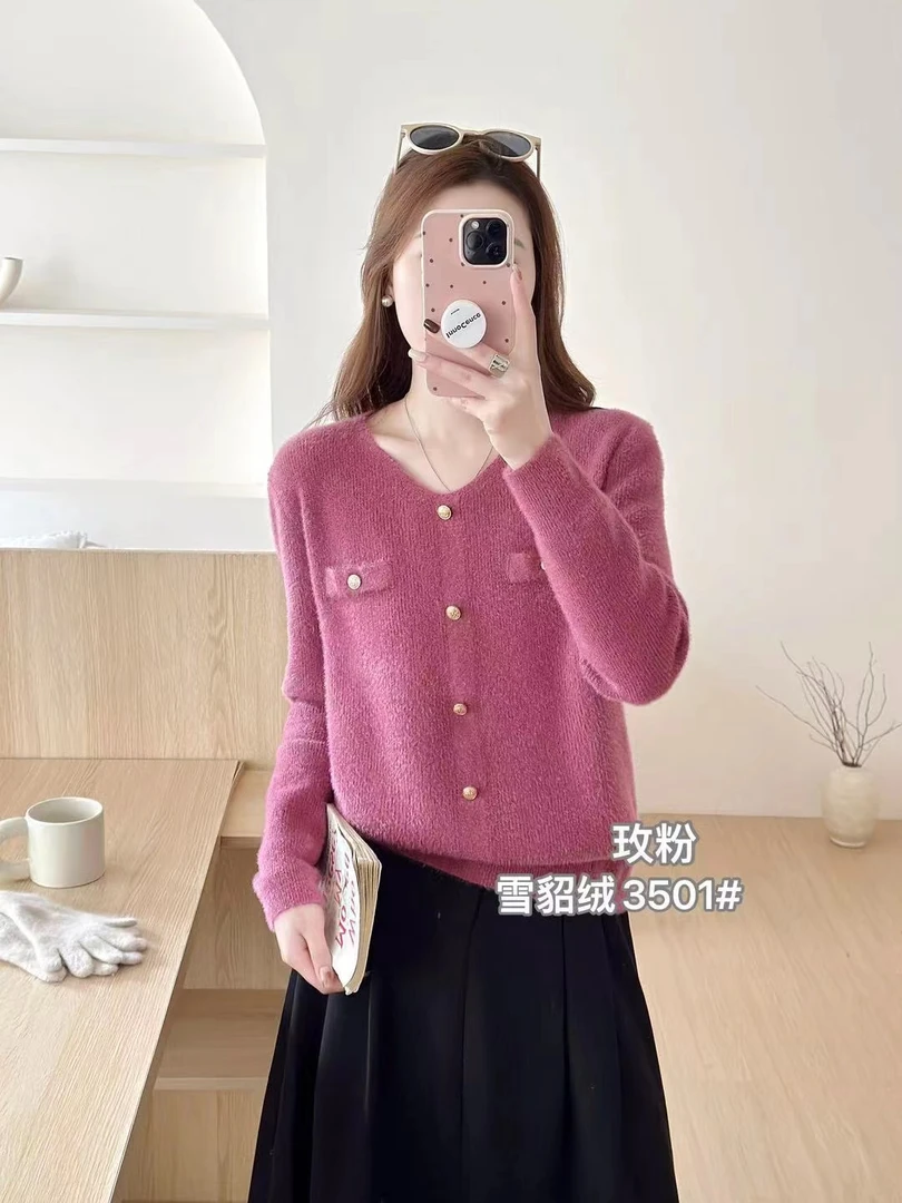 2024秋冬新款雪貂绒V领纯色保暖显瘦小香风长袖内搭女毛衣上衣潮