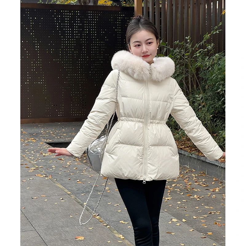 【爱尔兰漫雪】小个子定狐狸毛领设计收腰中长款连帽时尚羽绒服女