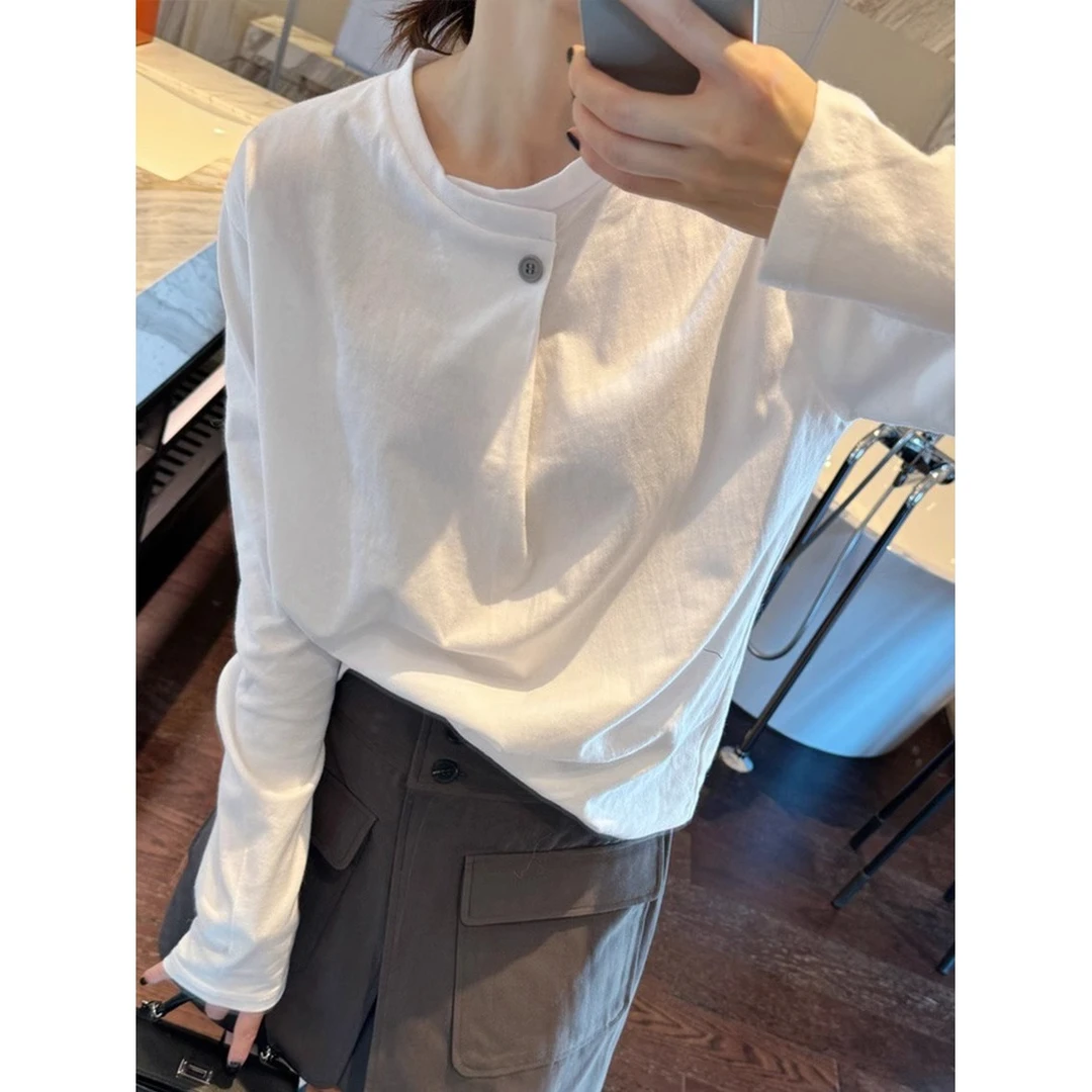 欧货白色设计感别致长袖t恤女春夏正肩宽松极简风纯棉一粒扣上衣