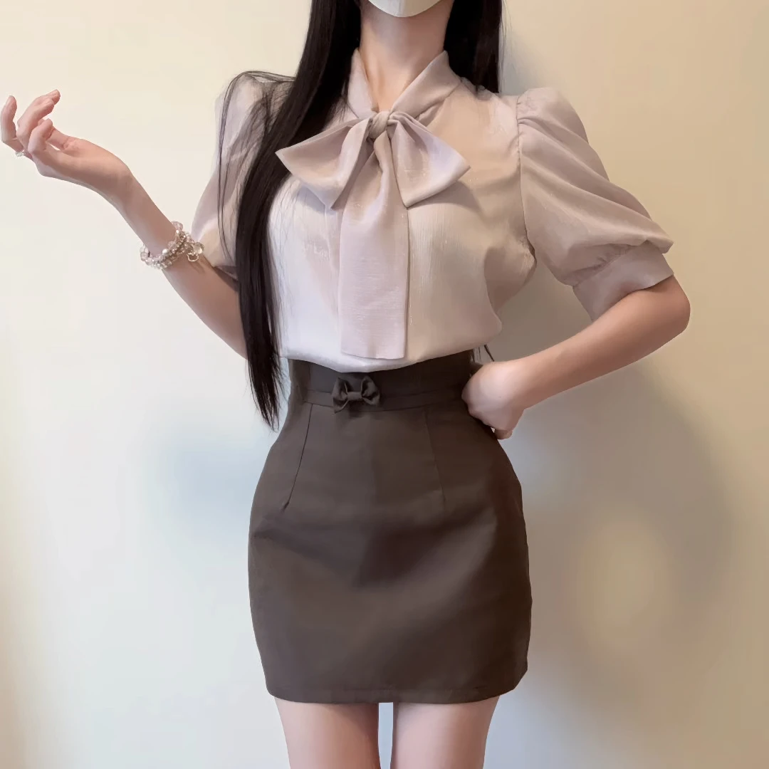 IQCQ轻奢定制法式蝴蝶结系带泡泡袖衬衫上衣夏季女收腰显瘦包臀裙