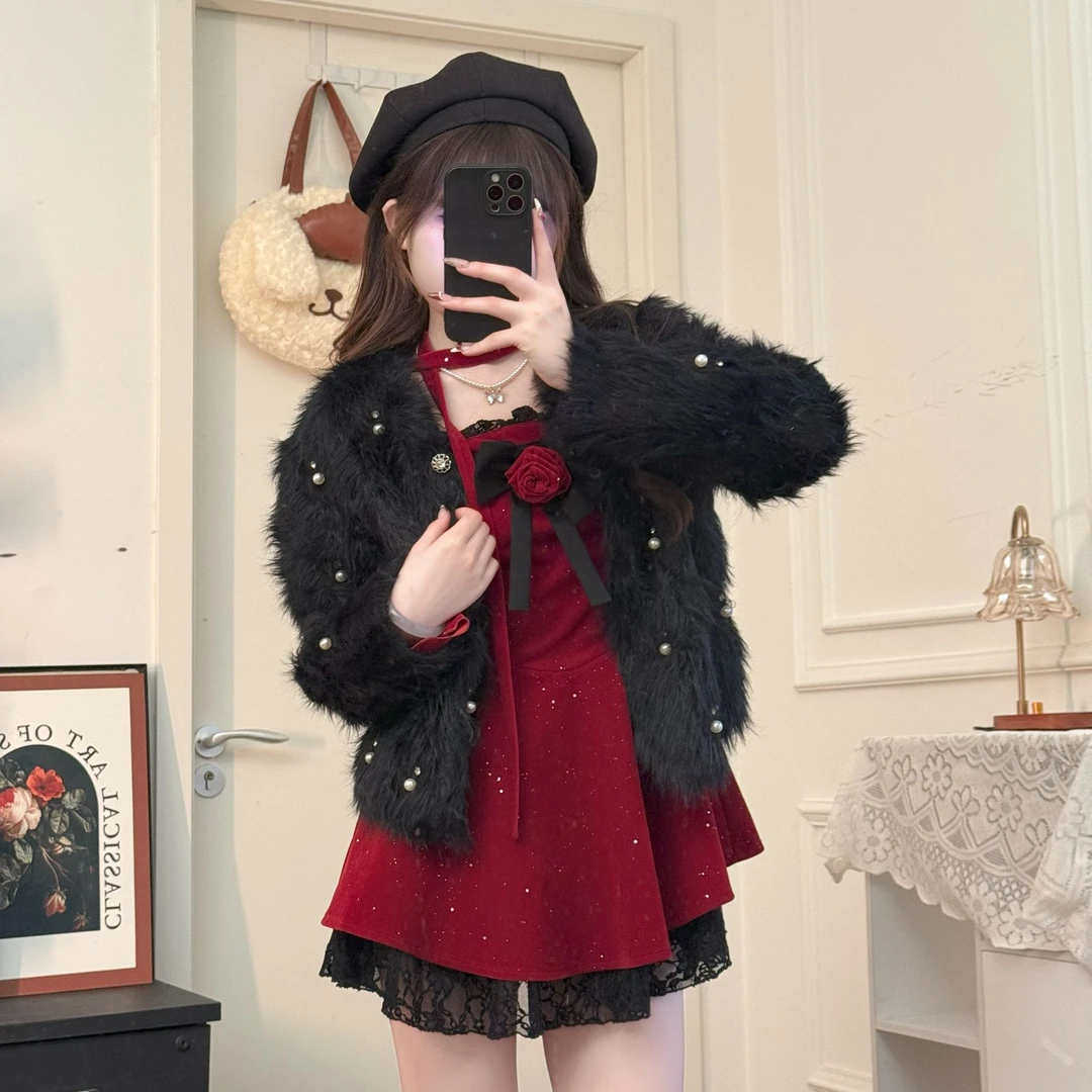 玫瑰果酱毛衣 织物猪原创 秋冬新年氛围感公主千金感黑色毛衣开衫