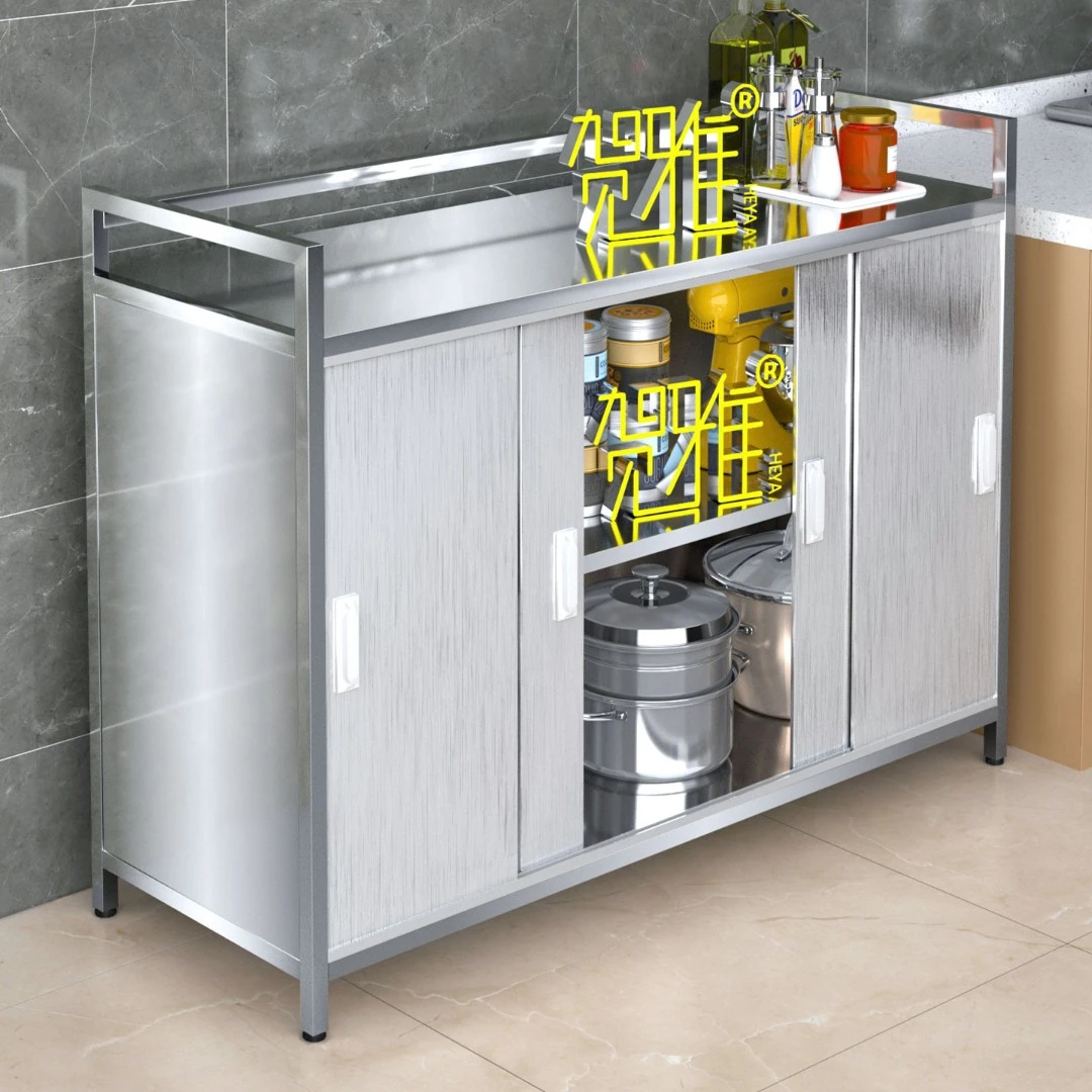 贺雅新款2025不锈钢厨房置物架带柜门家用碗柜储物柜防尘收纳橱柜