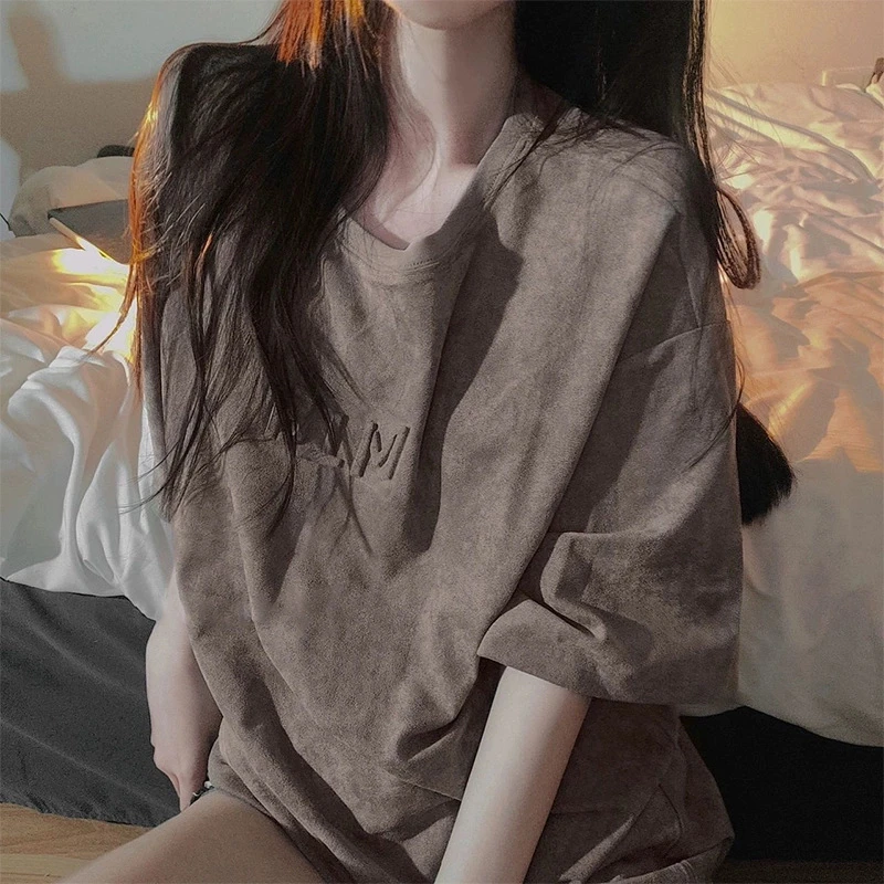 网红时尚炸街新款女装2025复古咖色字母压花个性宽松时尚短袖t恤