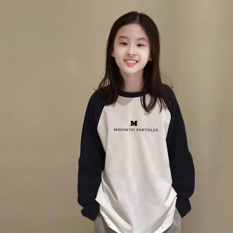 女童拼接长袖t恤春秋纯棉打底衫洋气儿童百搭插肩袖中大童T上衣潮