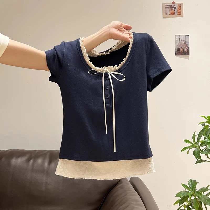 韩系假两件圆领木耳边短袖T恤女2025年夏季新款修身辣妹短款上衣