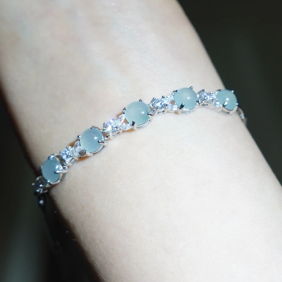 纯天然翡翠a货手链5颗蓝水蛋面通体s925银镶嵌不封底