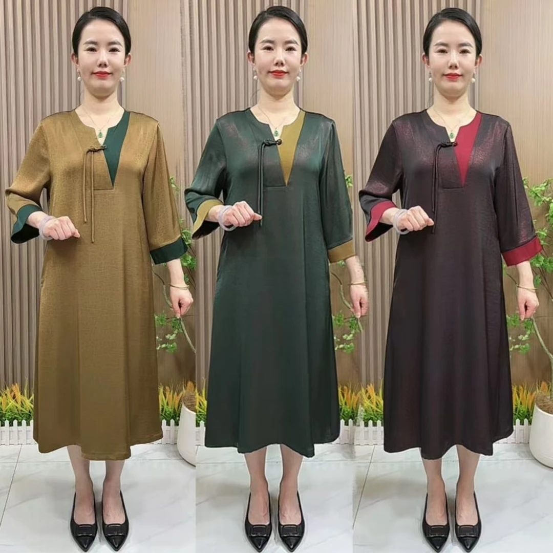 9392妈妈春夏装气质连衣裙中老年女装夏季大码宽松拼色中长裙子