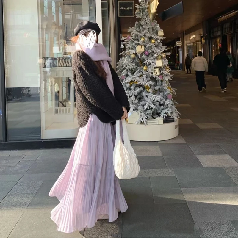 温柔风紫色半身裙女夏季2025新款高腰显瘦仙女雪纺压褶蛋糕长裙