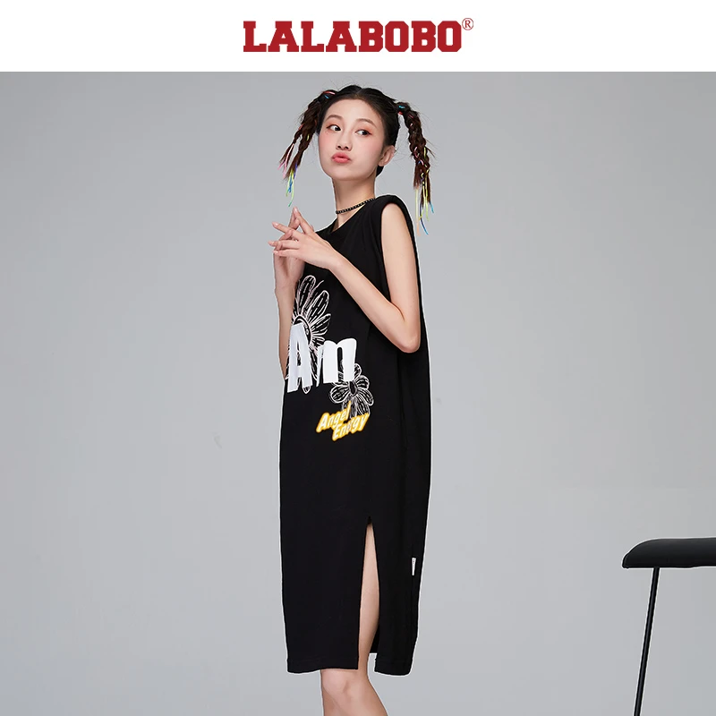 LALABOBO字母印花宽松无袖连衣裙