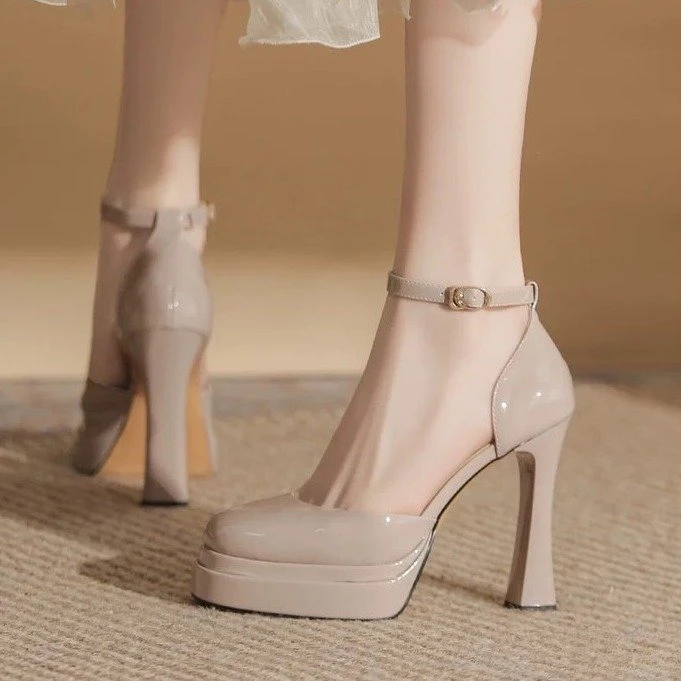 法式玛丽珍高跟鞋婚鞋防水台性感超高跟芭比鞋小个子半包头凉鞋女