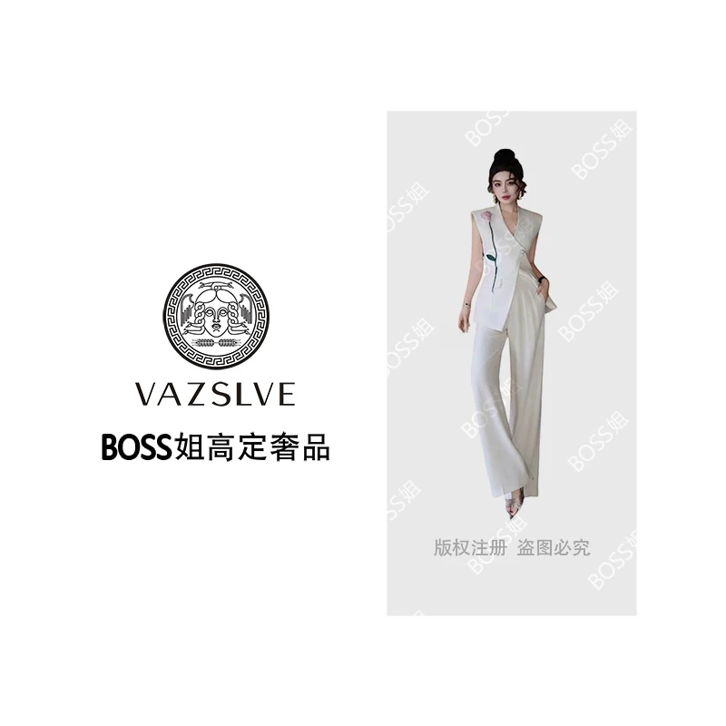 VAZSLVE/原创设计洋气炸街气质简约白色通勤立体花朵西装套装