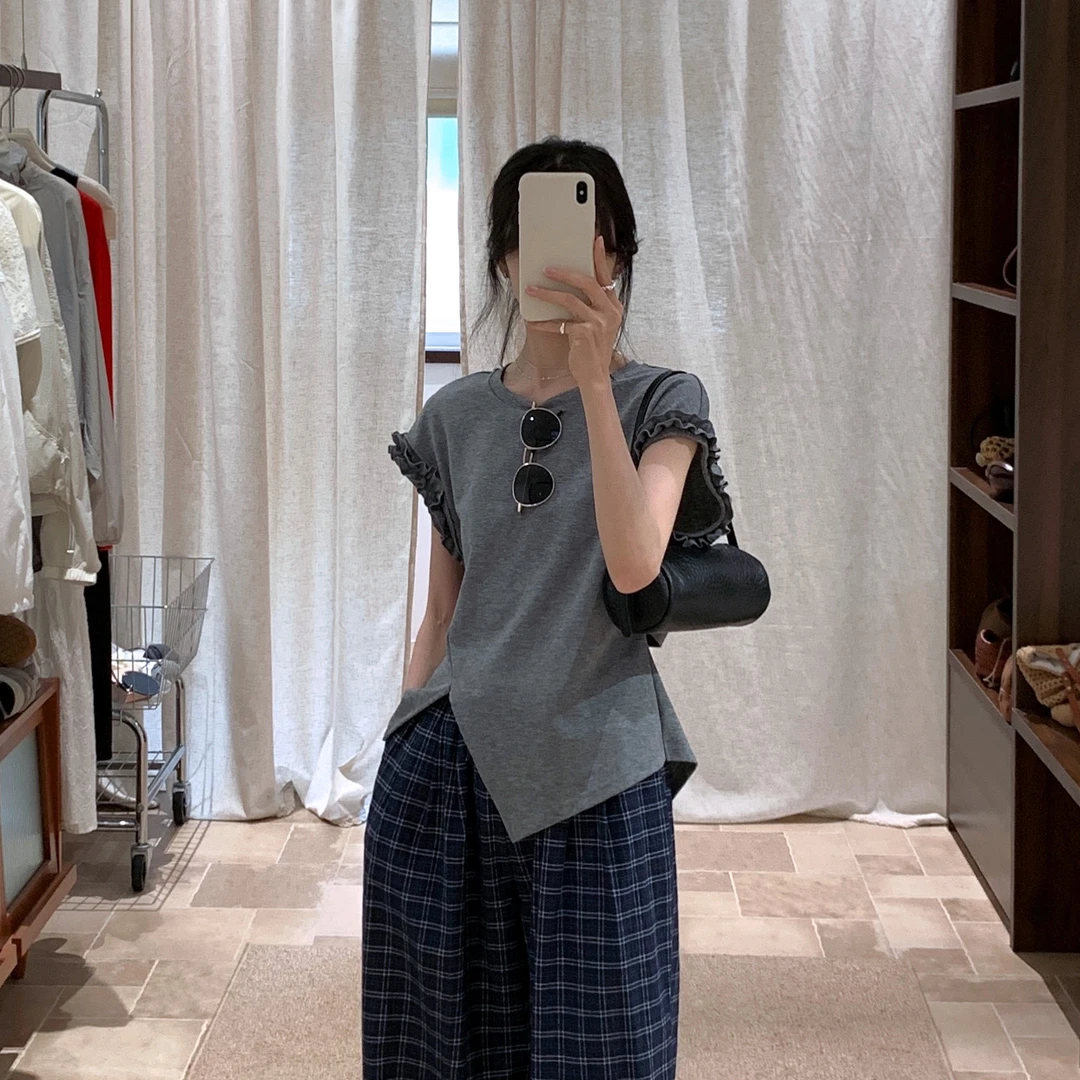 灰色藏青色木耳边不规则短袖T恤女2025夏新后背系带小众上衣衬衫