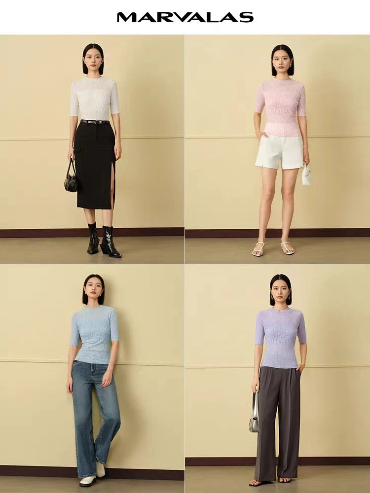 【曼德诗】波浪提花针织衫女长袖针织衫百搭修身全棉MC733210806