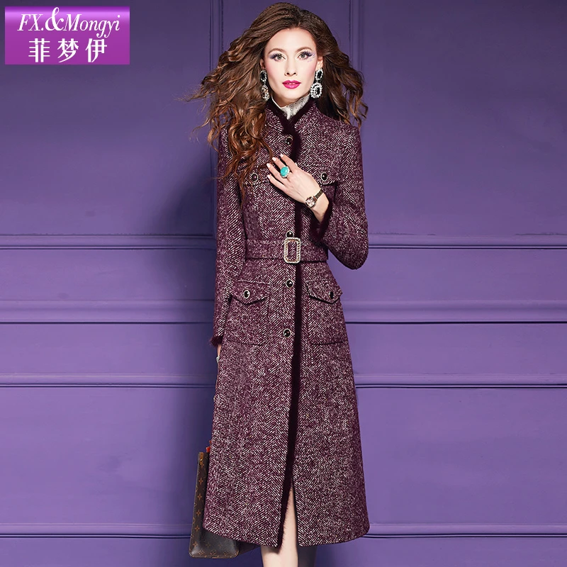 菲梦伊新款绵羊毛大衣时尚水貂毛修身中长款外套61620