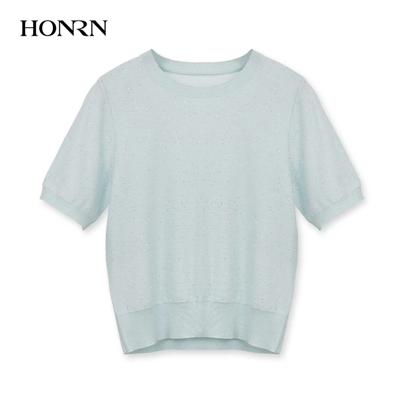 HONRN/红人宽松显瘦短袖薄款圆领套头针织衫上衣女夏HK29OM014