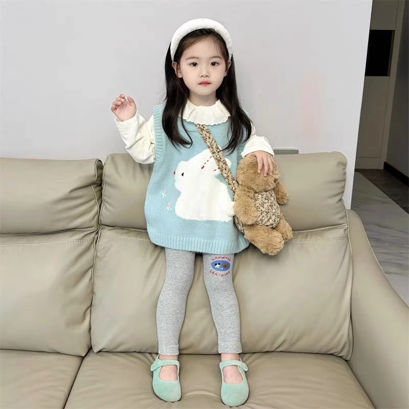 韩版童装女可爱针织马甲无袖背心新款蓝色洋气童兔子秋装儿童毛衣