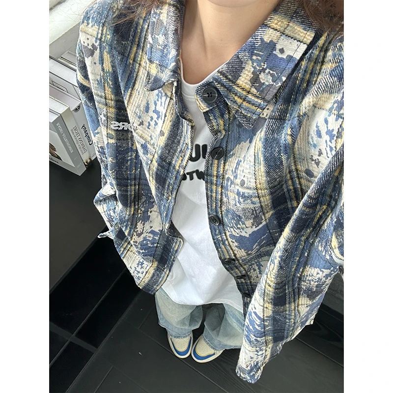美式复古扎染蓝色格子衬衫秋款cleanfit磨毛宽松衬衣情侣外套