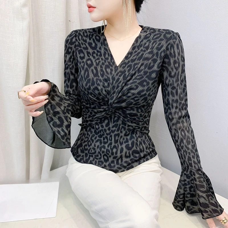 2025年春新款时尚豹纹印花网纱长袖上衣修身显瘦V领打底百搭T恤女