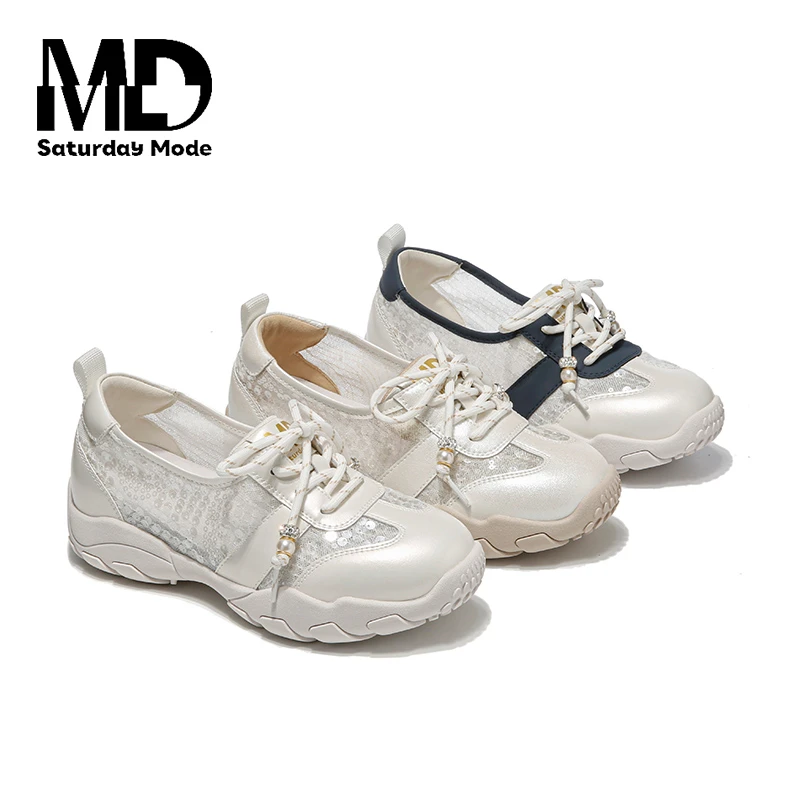 SATURDAYMODE【月落星辰】时尚百搭夏季透气真皮软底厚底系带/魏