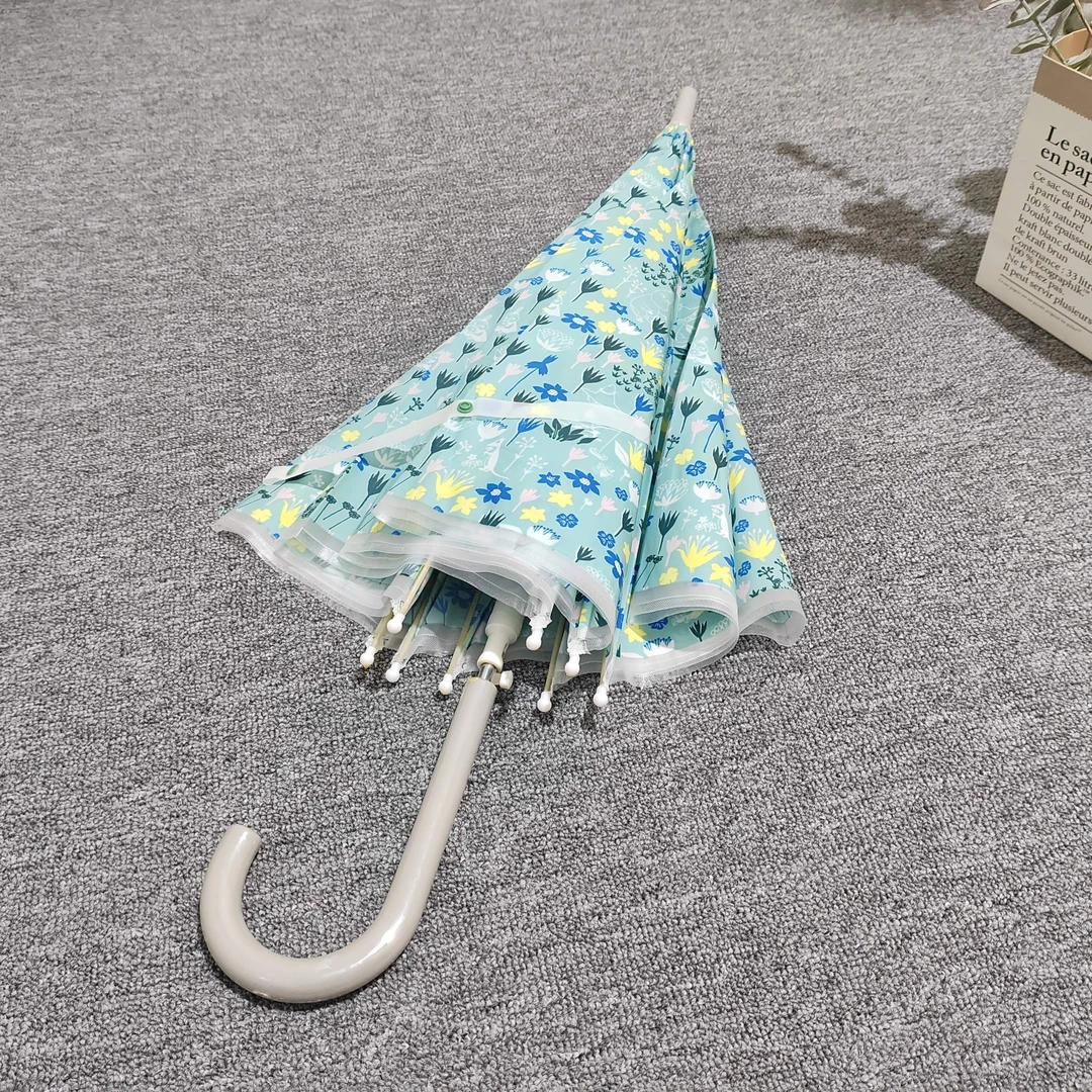 森系卡通碎花绘画风半自动直骨长柄雨雪伞POE塑料环保伞清新质感