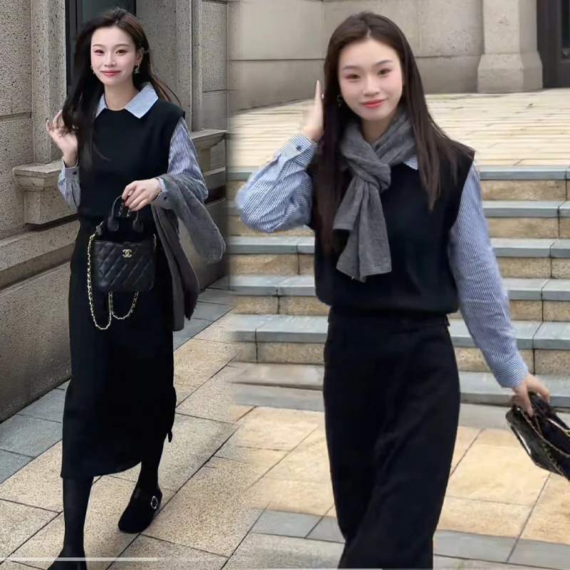 时尚减龄假两件马甲衬衣女装2025秋季爆款设计感百搭条纹衬衫上衣