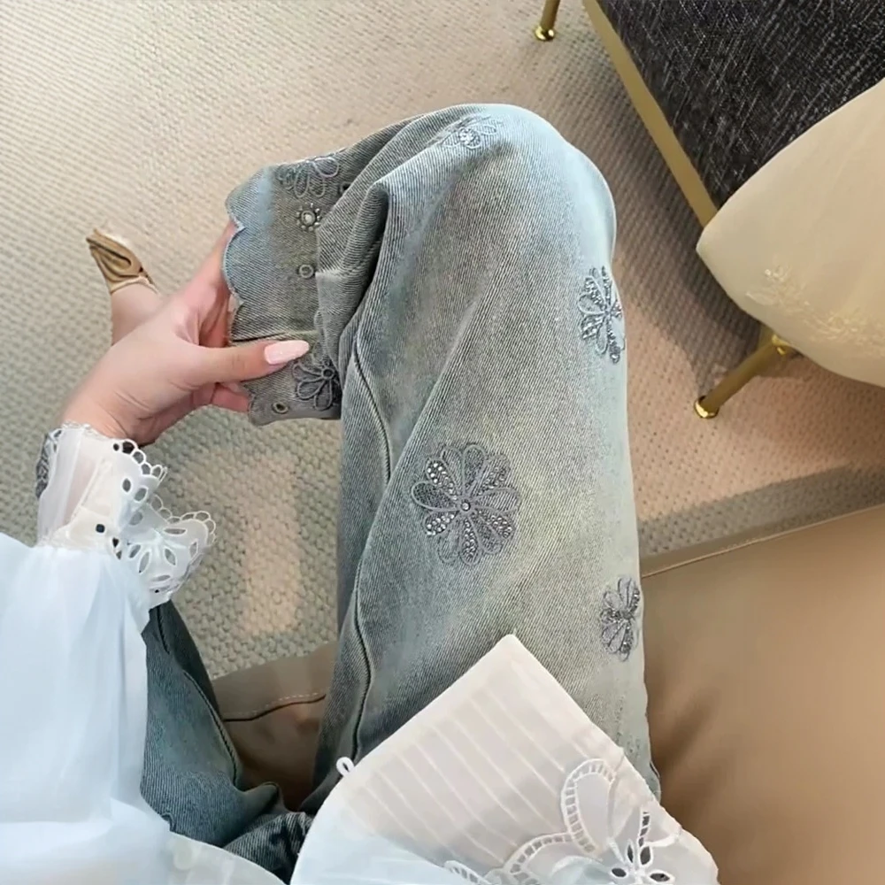 重工刺绣烫钻提花夏季直筒牛仔裤裤子女春夏新款设计感休闲九分裤