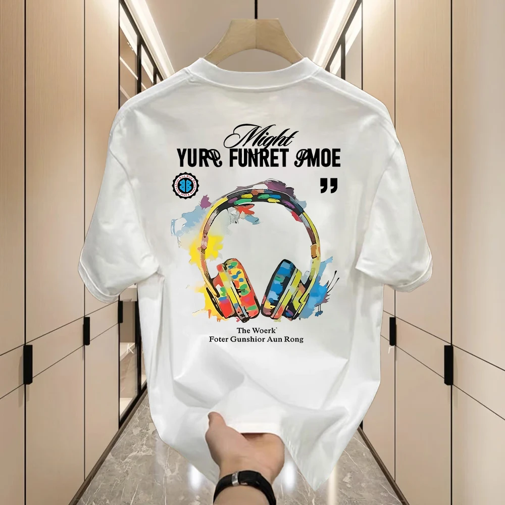 短袖T恤 油画彩色耳机男女潮牌白色喜居麦百搭个性印花高级感纯棉