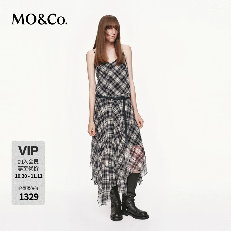 MOCO吊带裙2025秋新品顺纡绉低腰不规则连衣裙附腰带MBE3DRS029