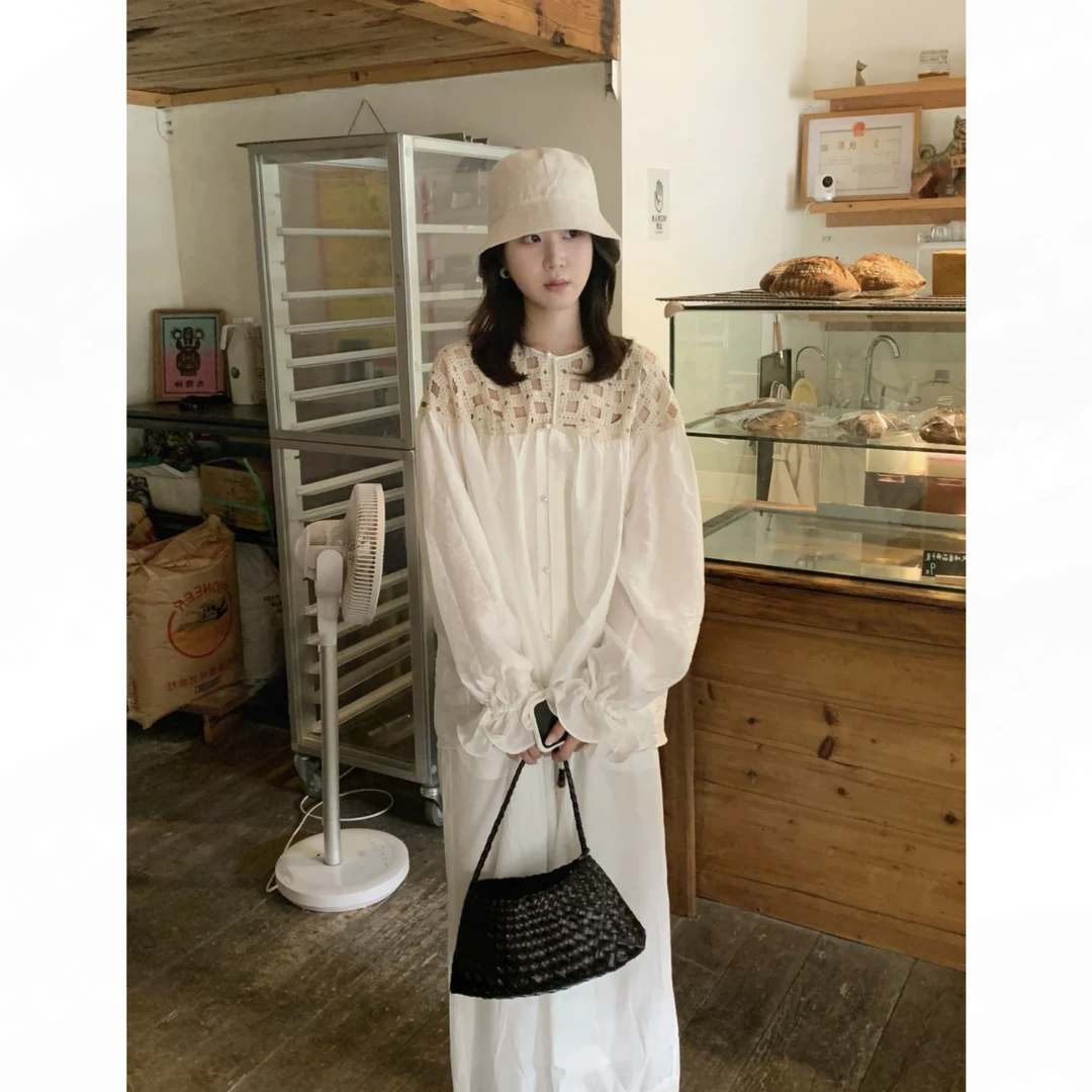 法式复古镂空网格拼接小众衬衫新款松弛感白色宽松气质上衣夏季新