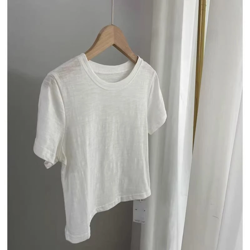 韩系短款正肩竹节女正肩白色短袖t恤女新款夏季体恤宽松上衣薄款