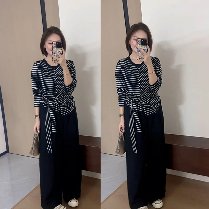 2025秋季新款设计感时尚百搭条纹圆领长袖上衣女休闲阔腿裤两件套