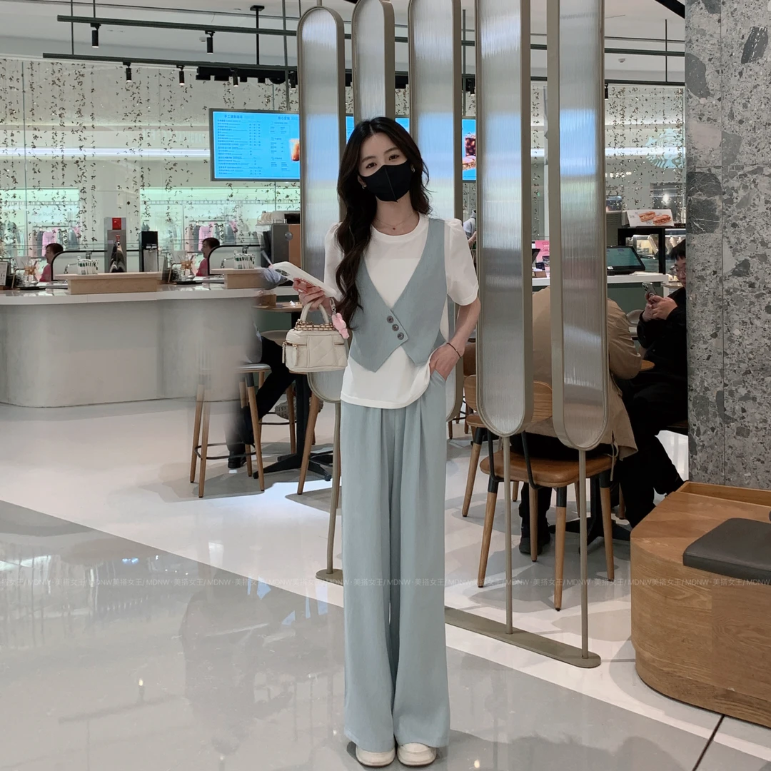 【MDNW】时尚套装女时髦洋气假两件拼接短袖阔腿裤两件套TZ2078