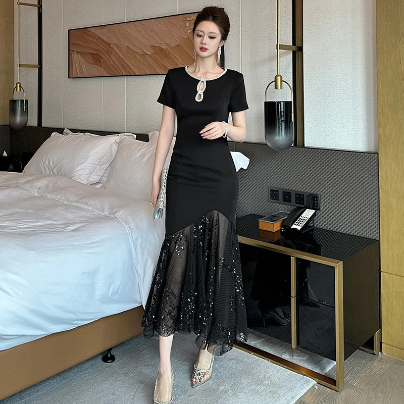 御姐风连衣裙女2025新款礼服黑色网纱拼接亮片修身显瘦气质鱼尾裙