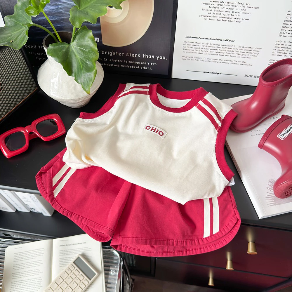 夏季儿童背心短裤网红套装欧美卡通休闲风男童女童夏装撞色无袖潮