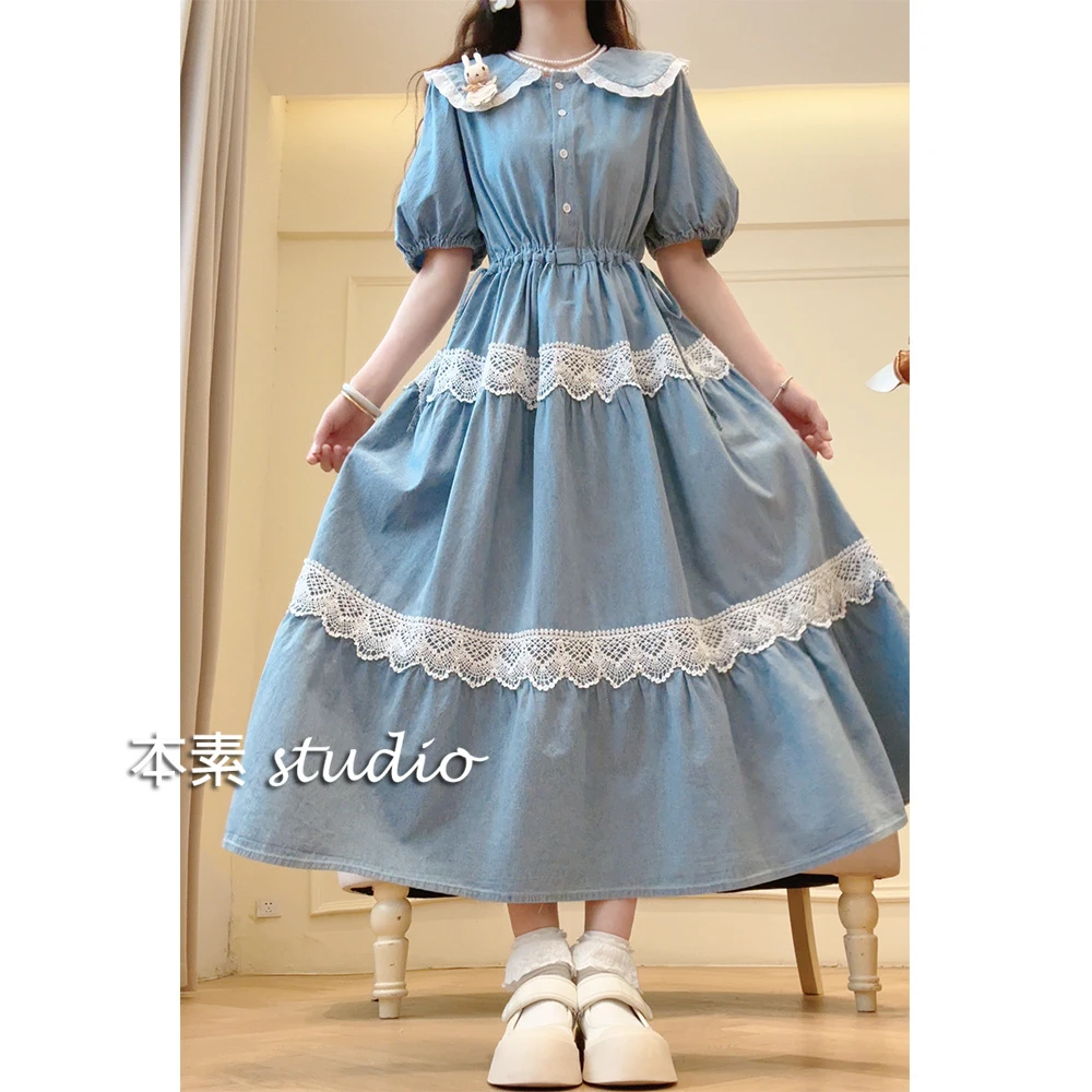 邀月短袖MNY1162-3蕾丝边腰侧抽绳半开扣娃娃领短袖牛仔连衣裙