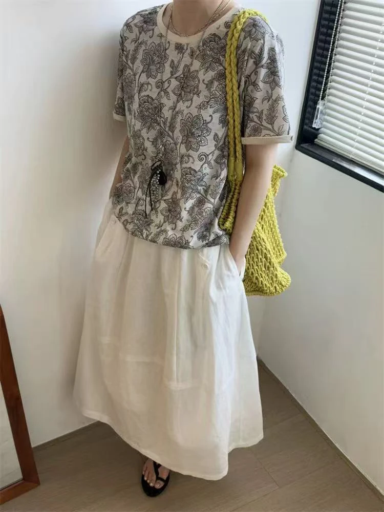 欧洲站2025夏季新款欧货复古风撞色圆领短袖线条印花舒适T恤2226