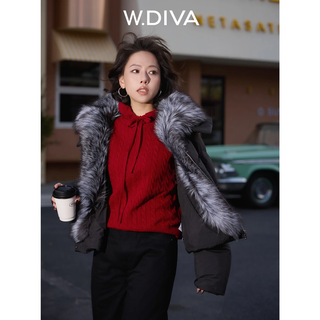 W.Diva【夜雪峰】芬兰进口银狐毛90白鹅绒可拆卸领羽绒服54C293437