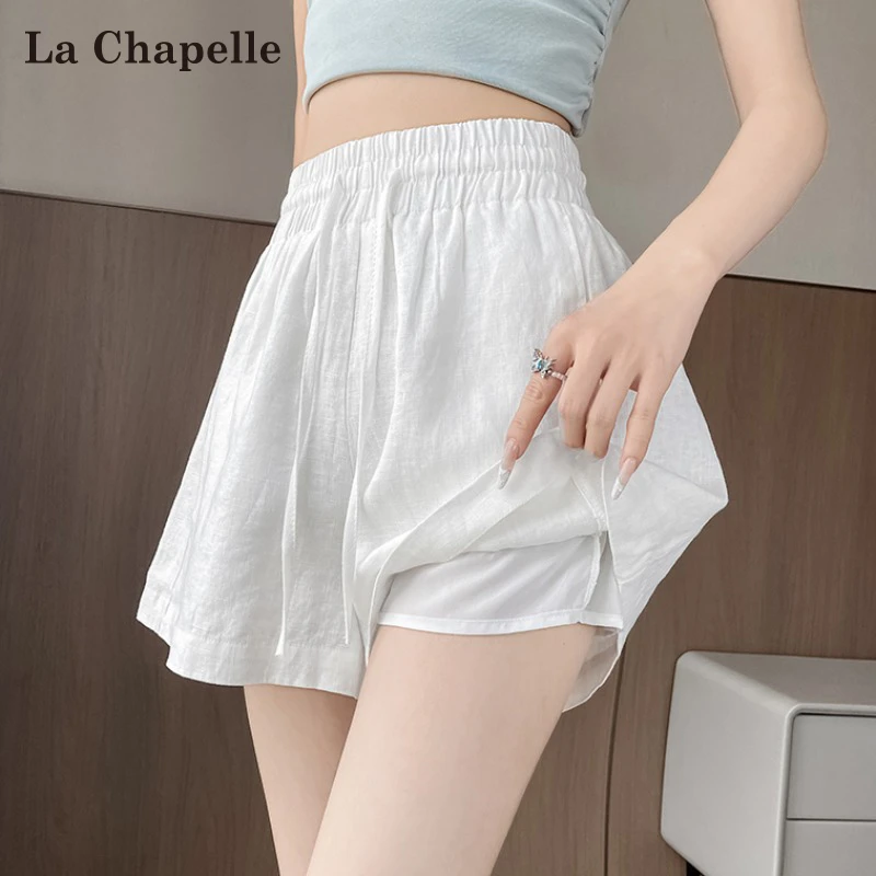 拉夏贝尔白色冰丝亚麻山本短裤女2025夏季薄款a字棉麻阔腿热裤子