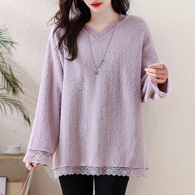 【女神新衣】2025秋冬新款大码显瘦宽松毛针织打底衫蕾丝遮肉上衣