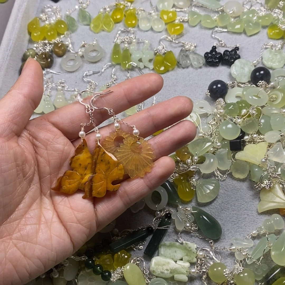 顺***然蛇纹石玉银S925镶嵌挂件耳饰耳环首饰