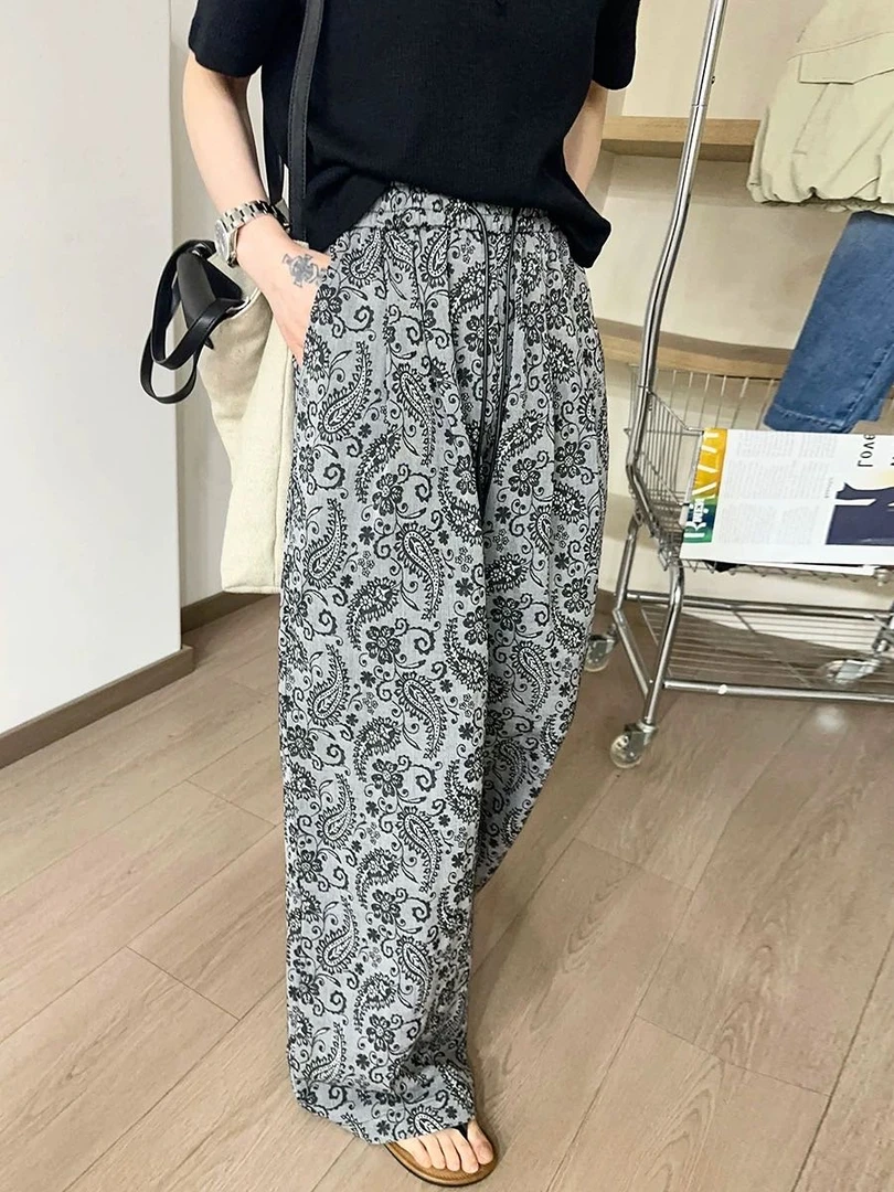 程程甄选 -「城市假日」  夏季复古腰果花高腰显瘦百搭阔腿裤 5892