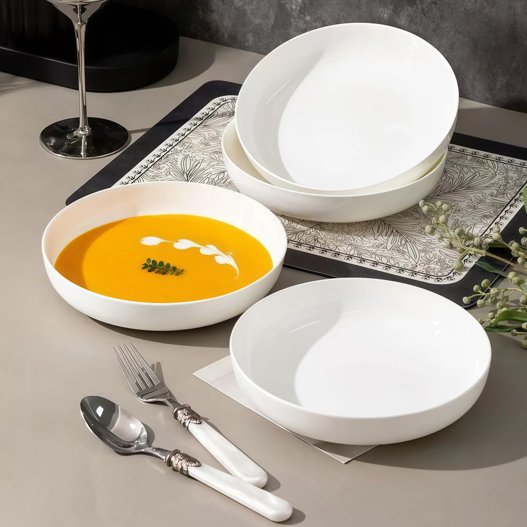 纯白菜盘8英寸家用汤盘蒸蛋骨瓷陶瓷餐具深盘创意盘窝盘加深盘子