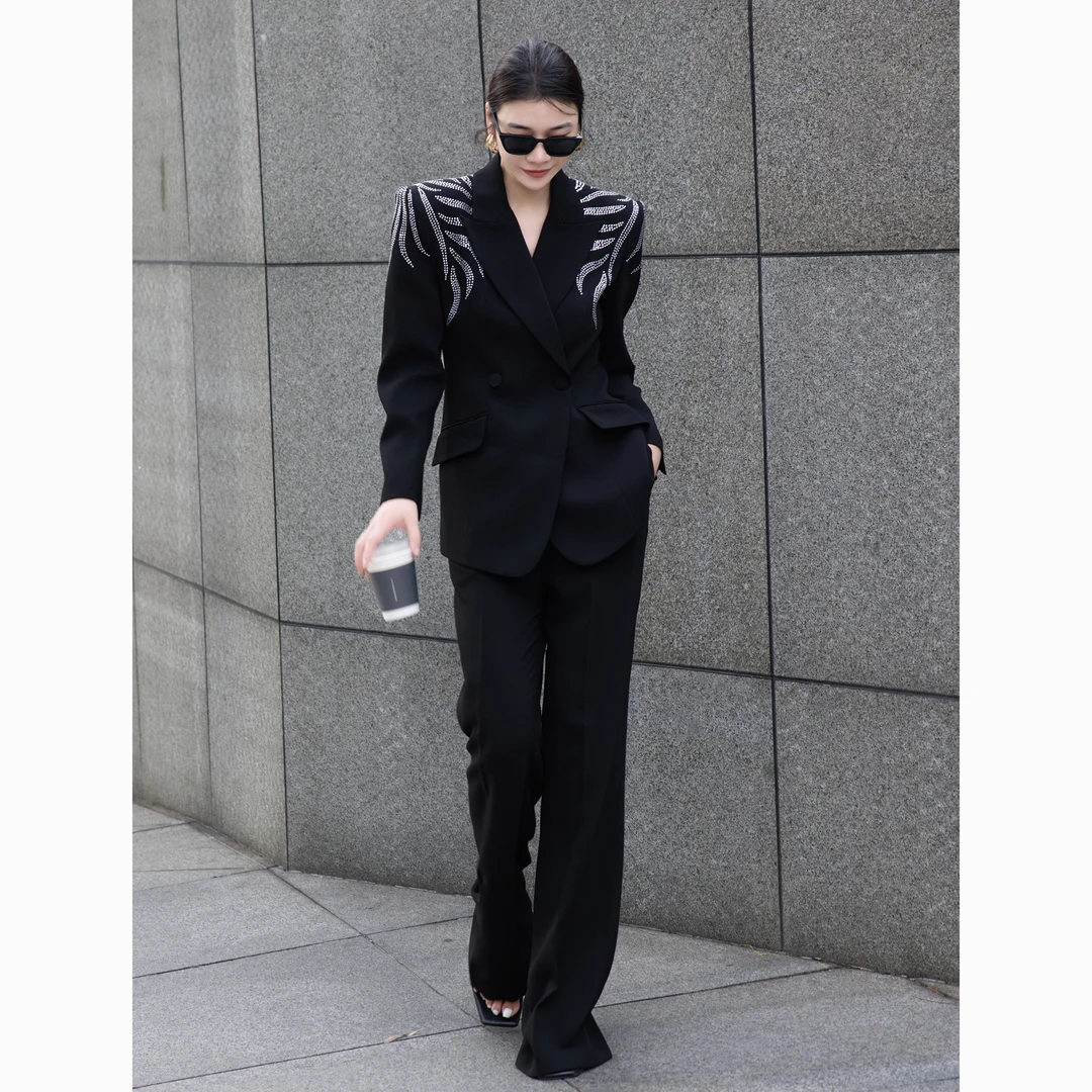 ZEROYK高端职业女装秋季新款御姐风气质重工烫钻西装阔腿裤两件套